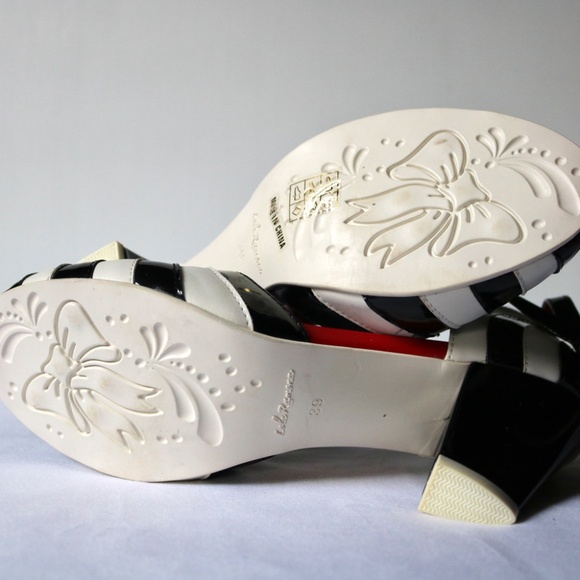 Lola Romona Patent Leather Retro Heels EU 39 (US 8.5)Black White Stripe T-Strap - Picture 7 of 7